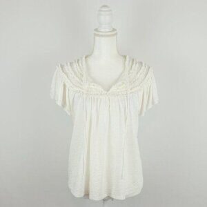 Goldie Women's Medium White Pima Cotton Split Neck Ruffled Short Sleeve Blouse